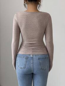 Elenzga Elegant Romantic Asymmetric Ruffle Shoulder Long Sleeve T-Shirt, Suitable For Vacation And Commute