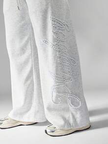 Missguided x Playboy Pantalons de jogging chiné pour femmes avec détail de texte orné de perles, taille élastique avec cordon de serrage, pantalon de survêtement décontracté - Gris - Voir 3