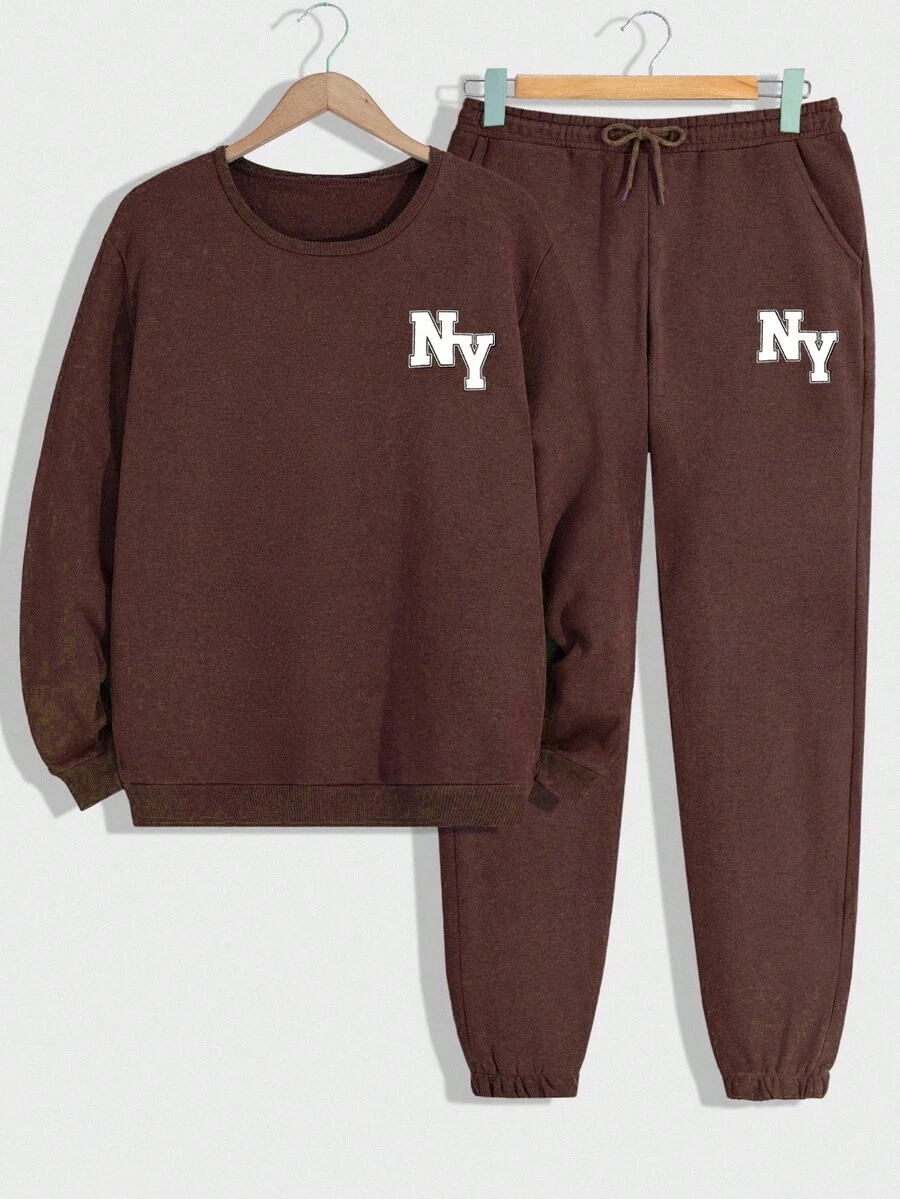 EURMUSE Cotton Men's Plain Solid Color Minimalist Letter Printed Two Pieces Set - Chocolate Brown - View 1