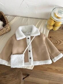 SHEIN Chaqueta casual y linda de contraste de color caqui de sherpa para niñas bebé - Caqui - Ver 4