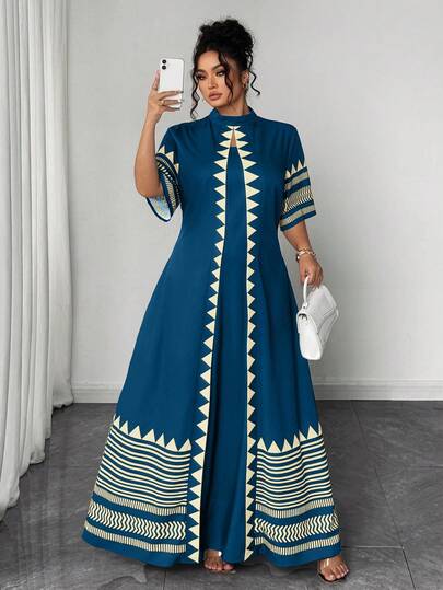 Elenzga Plus Size Women's Geometric Print Short Sleeve Elegant Tie-Front 2 In 1 Dress