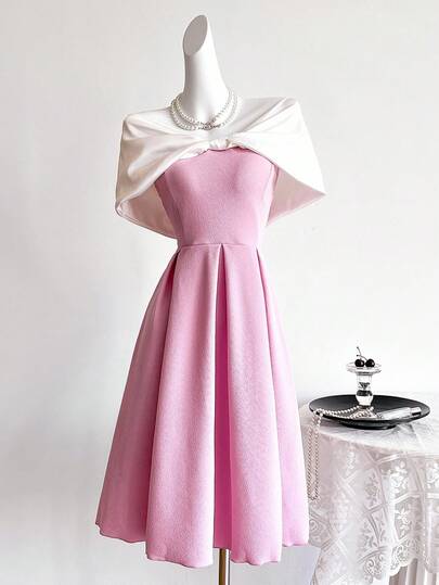 少女优雅夏季蝴蝶结装饰褶皱下摆中长连衣裙，甜美粉色和白色，派对迷你连衣裙