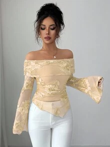 Elenzga Women's Fashionable & Elegant Off Shoulder Ruched Asymmetrical Hem Long Sleeve Floral Embroidered Mesh Blouse, Flattering Silhouette, Suitable For Dates, Spring/Summer - Apricot - View 3
