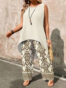 EMERY ROSE Bộ 2 món áo thun không tay cổ tròn viền cao, màu trơn dành cho nữ đi nghỉ mát cỡ lớn kèm quần ống rộng in hoa - Màu be - Xem 3