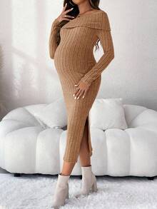 SHEIN Maternity Solid Color Off Shoulder Long Sleeve Ribbed Fitted Elegant Dress, Autumn Brown Maternity Dress Two Piece Maternity Dress Ribbed Maternity Dress Knit Maternity Dress Maternity Dress Off Shoulder