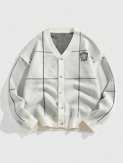 Street Life كارديجان قطني كاجوال بياقة على شكل حرف V وأزرار أمامية مع كتف منخفض وتباين في الألوان للرجال