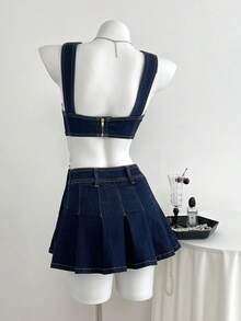 Elamini 女式无袖 V 领时尚修身上衣和褶皱牛仔迷你裙两件套 - 藍色 - 查看 2