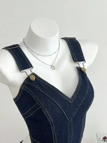 Elamini 女式无袖 V 领时尚修身上衣和褶皱牛仔迷你裙两件套 - 藍色 - 查看 4