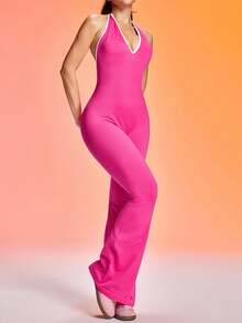 Easithlete Seamless V-Neck Halter Bowknot Lifting Yoga Jumpsuit Pink Jumpsuit Pilates Jumpsuit Jumpsuit For Women Pink Yoga Outfit