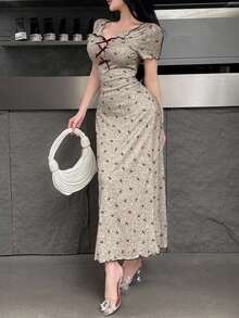 Feyla Váy dài họa tiết bướm thanh lịch dành cho nữ, mùa hè - Màu be - Xem 7