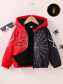 SHEIN Fantacosmos 1pc Young Boy Casual Spider Print Thermal Lined Zip-Up Jacket, Suitable For Daily Wear, Travel, Relaxation, School, Autumn/Winter New Arrival Fall - Multicolor - View 3