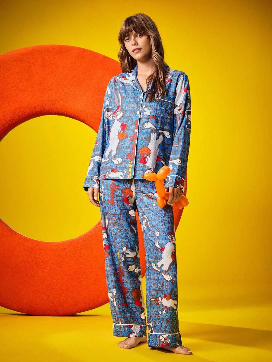Chillnights X LOONEY TUNES Conjunto de pijama de mujer con top de manga larga y pantalones con estampado de dibujos animados, arruga de burbuja. Conjunto de pijama de mujer, pijama de mujer con diseño de dibujos animados, conjunto de pijama azul de mujer, ropa de otoño - Multicolor - Ver 1