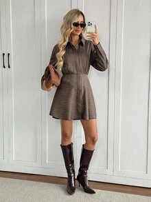 Easowa Women's Casual Commuter Striped Mini Dress Brown Striped Dress Long Sleeve Shirt Dress Striped Shirt Dress Coffee Brown Dress Brown Mini Dress Winter Dresses For Women Elegant Party Dresses   Brown Dress Formal Women's Clothes
