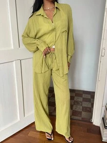 Sunnyshic 女士休闲亚麻混纺宽松纽扣衬衫和阔腿裤两件套，适合度假和日常穿着，秋冬季 - 軍綠色 - 查看 8