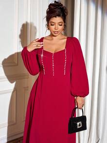 Cravure Christmas Plus Size Women Elegant Pearl Decor Square Neck Textured Woven Maxi Dress,Red Autumn Satin Wedding Color Block Fabric Patchwork Fall Cloth - Burgundy - View 5