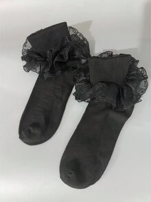 ROMWE Goth Women's Mid-Calf Socks With Ruffle Trim - Black - View 3