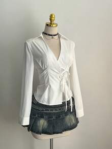 Elamini Sexy Collared Side Lace-Up Waist Slim Fit Long Sleeve Blouse For Women - White - View 5