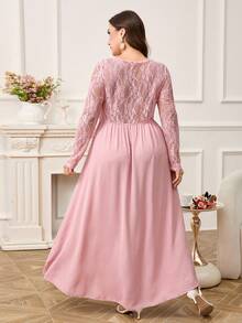 Ellevyn Blush Pink,Autumn,Elegant,Formal,Wedding Ninang Plus Size Lace-Trimmed A-Line Dress,High Low Hem Retro Party Gown For Women's Clothing - Pink - View 2
