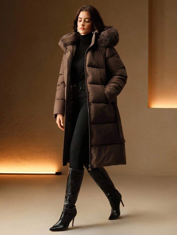 Anewsta Essential Women's Fashionable Casual Coffee Color Long Cinched Waist Waist Hooded Detachable Faux Fur Collar Zip-Up Padded Coat