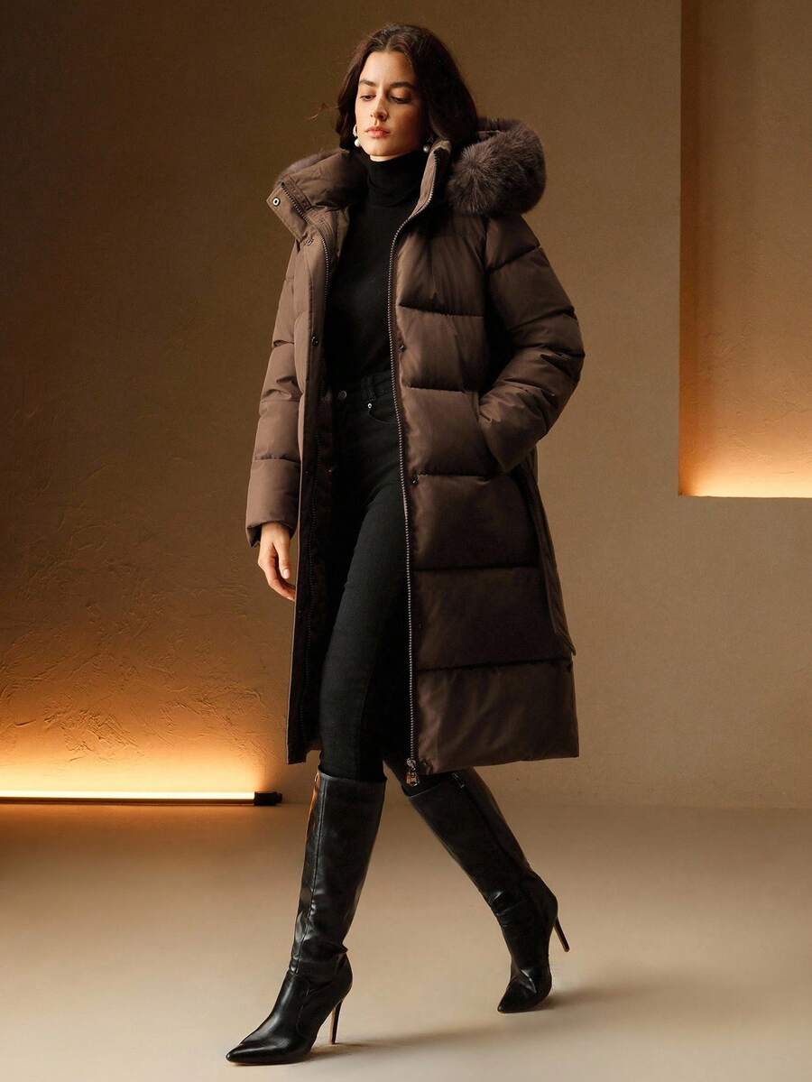 Anewsta Women's Fashionable Casual Coffee Color Long Cinched Waist Waist Hooded Detachable Faux Fur Collar Zip-Up Padded Coat - Coffee Brown - View 1