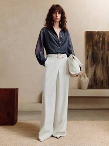 EMERY ROSE 女士粘胶纤维面料长袖蕾丝镂空刺绣设计内衣，日常休闲通勤蓝色衬衫，适合秋季女士商务休闲、办公室女性工作场合穿着，纽扣衬衫，女士工作装 - 藍色 - 查看 3