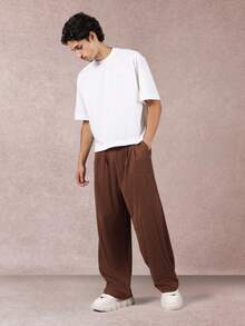 SUMWON Quần nhung ống rộng họa tiết gân cạp cao xếp ly phía trước quần thường ngày thu đông có túi bên hông mặc đi làm thoải mái - màu nâu - Xem 3
