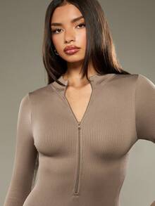 MISSGUIDED Ribbed Long Sleeve Half Zip Bodysuit Workout One Piece Activewear Exercise Ballet Full Body Jumpsuit Compression Slim Fit Athletic Gym Catsuit - Brown - View 6