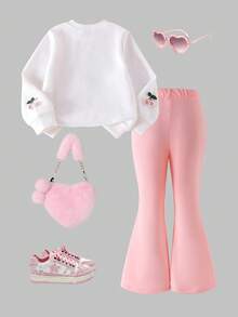 Conjunto de 2 peças para meninas, composto por calça flare vermelha de manga comprida com textura listrada em tricô e camiseta com estampa de cereja. Roupa casual e confortável, perfeita para o outono/inverno. - Branco - Ver 2