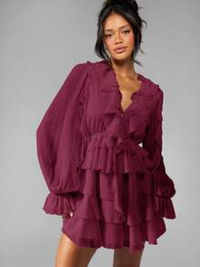 MISSGUIDED Chiffon Ruffle Mini Dress Balloon Long Sleeve V Neck Tiered Flowy Party Fall Winter Holiday Spring Wedding Guest Statement Dress - Burgundy - View 7