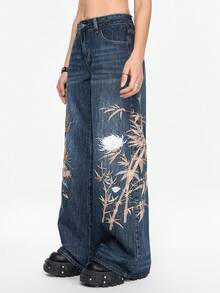 ROMWE Grunge Punk Quần jeans ống rộng cạp thấp họa tiết hổ và hoa phong cách Trung Hoa cổ điển dành cho cả nam và nữ - Màu xanh lam - Xem 4