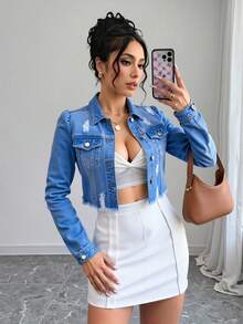 Elenzga Ripped Frayed Raw Hem Crop Denim Jacket - Medium Wash - View 4