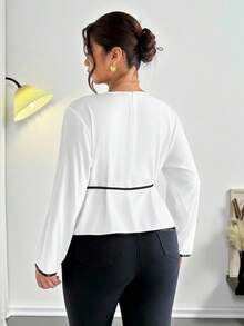 Firerie Plus Size Contrast Color Trim Round Neck Long Sleeve Tie Front Casual Fashion Shirt - White - View 2