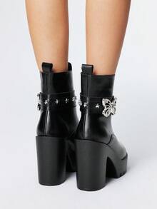 ROMWE Grunge Punk 女式哥特式金属蝴蝶扣圆头厚底粗跟朋克靴，PU 皮革黑色高跟靴，适合派对、日常穿着、晚礼服、增高修腿、万圣节 - 黑色 - 查看 5