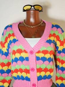 BamGleam Women's Lantern Sleeve V-Neck Striped Loose Knit Cardigan Sweater Fall Winter Cloth For Women - Multicolor - View 3