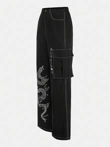 Y2Kool Jelsie Snake and Japanese Print Flap Pocket Cargo Trousers