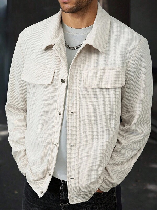 Manfinity Homme Chemise-veste d'été en velours côtelé de couleur unie pour hommes, couleur crème, chemise-veste boutonnée crème, Old Money