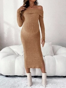 SHEIN Maternity Solid Color Off Shoulder Long Sleeve Ribbed Fitted Elegant Dress, Autumn Brown Maternity Dress Two Piece Maternity Dress Ribbed Maternity Dress Knit Maternity Dress Maternity Dress Off Shoulder