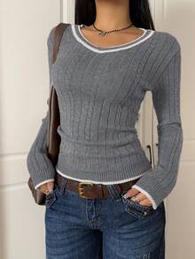 SHEIN EZwear Pull-over à manches longues minimaliste et décontracté avec couleurs contrastées pour femmes, adapté à l'automne/hiver