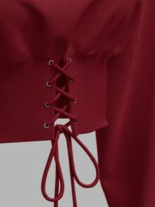 SHEIN EZwear 秋冬女士酒红色针织贴花系带长袖连帽卫衣 - 酒紅色 - 查看 4