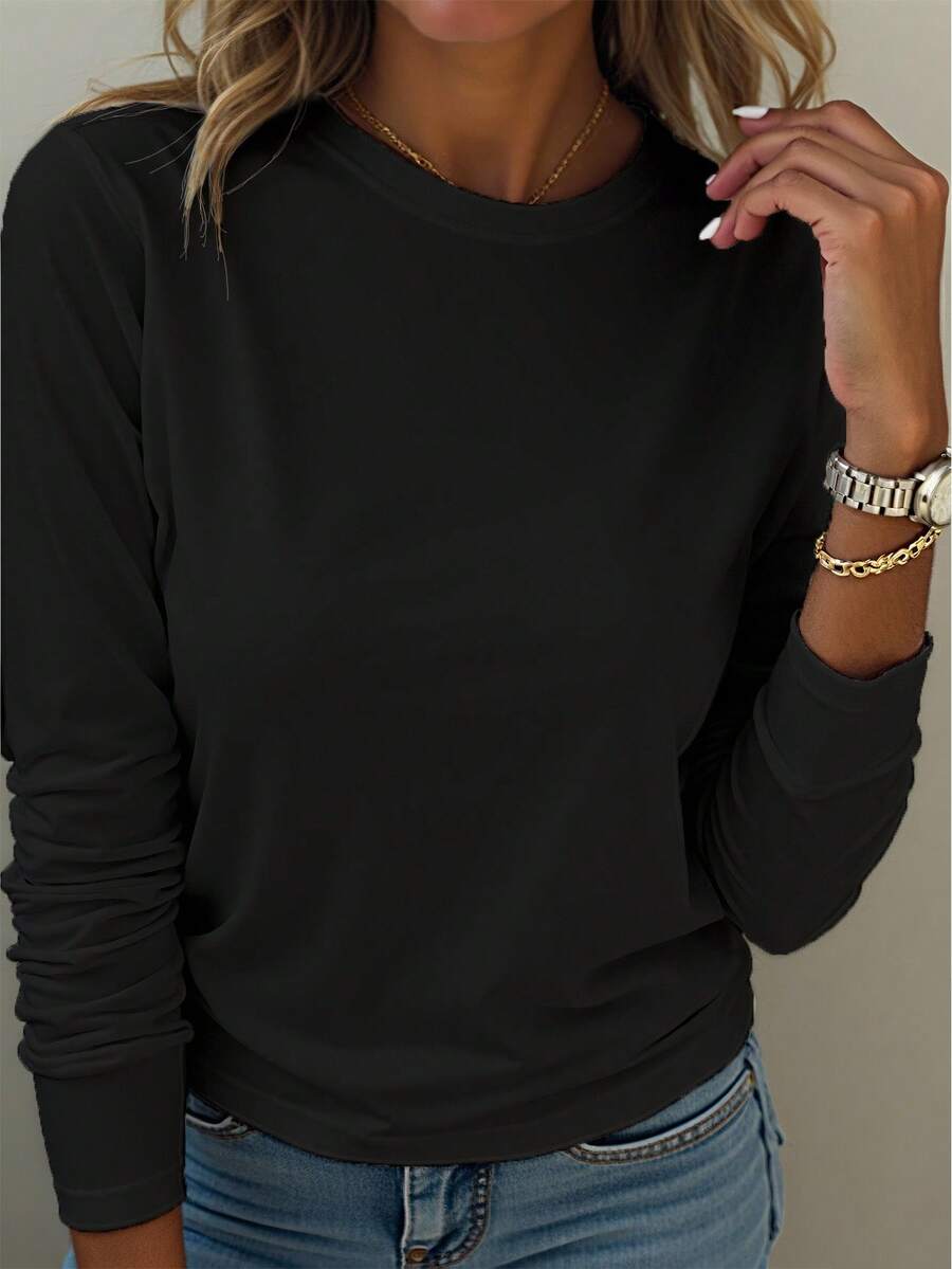 EMERY ROSE 大码黑色圆领长袖T恤，舒适百搭 - 黑色 - 查看 1