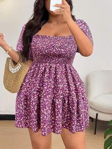 SHEIN MOOSTA Váy ngắn chữ A họa tiết hoa cỡ lớn dành cho nữ, phong cách nghỉ dưỡng - Màu tím - Xem 1