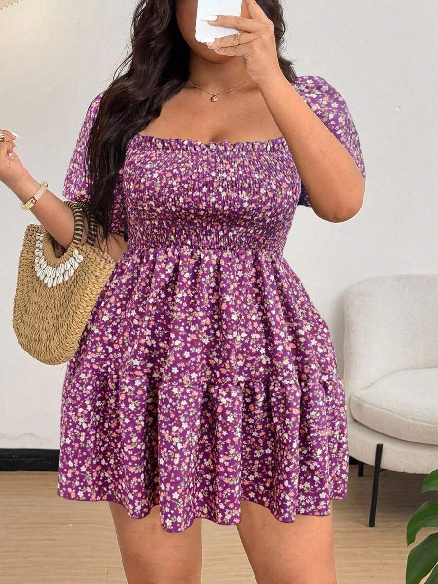 SHEIN MOOSTA Váy ngắn chữ A họa tiết hoa cỡ lớn dành cho nữ, phong cách nghỉ dưỡng - Màu tím - Xem 1
