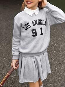 Hanevo 2pcs/Set Tween Girl American College Style Collared Shirt With English Letter Print & Pleated Skirt, Casual Sweatshirt Set - Light Grey - View 6