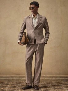 AKNOTIC Business Casual 2 件男士休闲宽松梭织西装外套和直筒裤套装 - 卡其色 - 查看 1