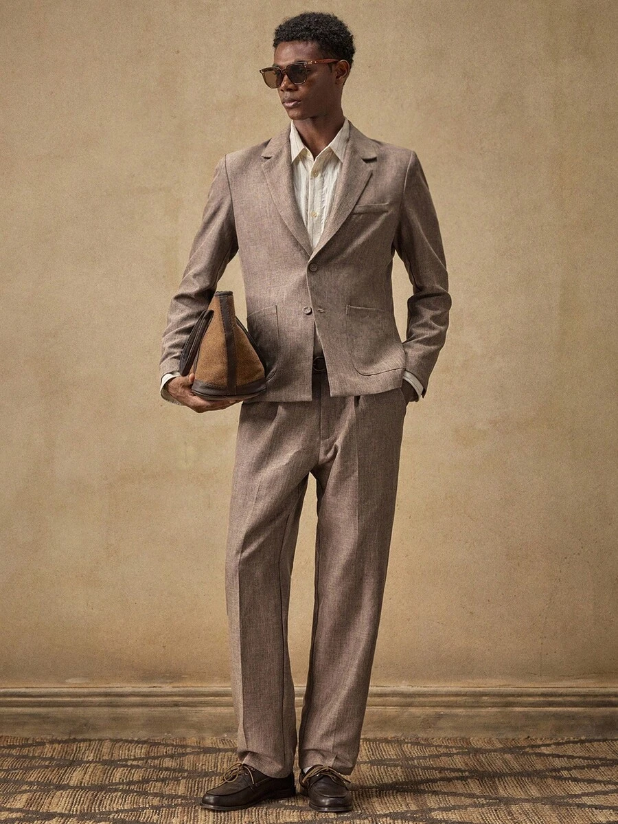 AKNOTIC Business Casual 2 件男士休闲宽松梭织西装外套和直筒裤套装 - 卡其色 - 查看 1