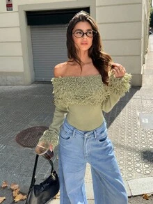 Siren Gaze Autumn/Winter New Distressed Off-Shoulder Fringe Sweater For Women,Christmas Sweater Chic Green Casual Spring - Green - View 5
