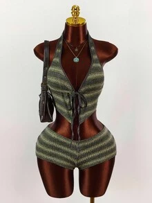 Amplova 复古野绿色梅拉德针织短款露背背心和超短短裤两件套，秋季 - 彩色 - 查看 4