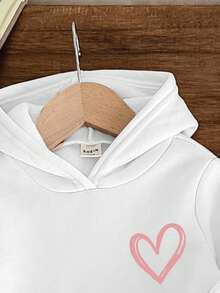 女婴可爱简约手绘心形图案米色针织柔软连帽宽松长袖卫衣和裤子套装，适合秋冬季 - 彩色 - 查看 3