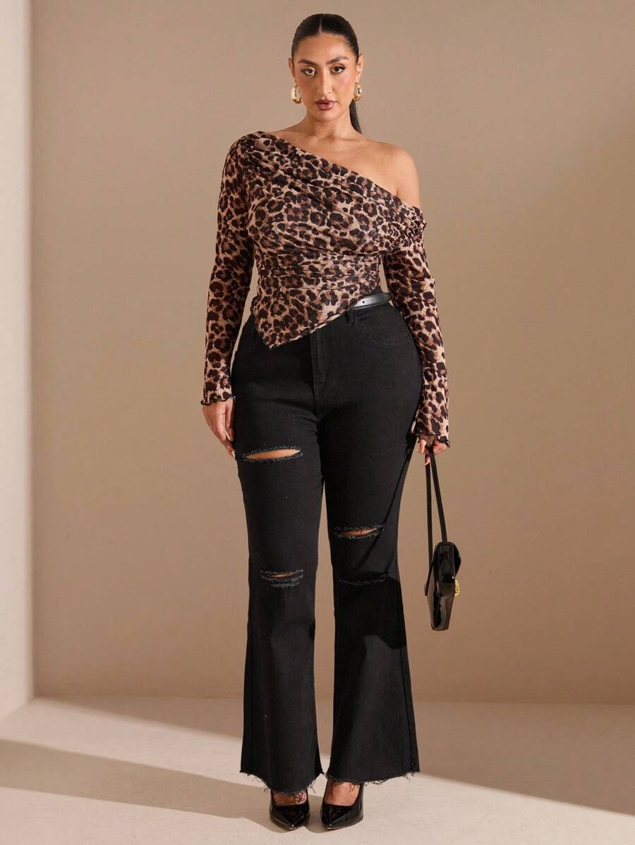 SHEIN BAE EZwear 加大码黑色喇叭破洞弹力牛仔裤 街头服饰 - 黑色 - 查看 1