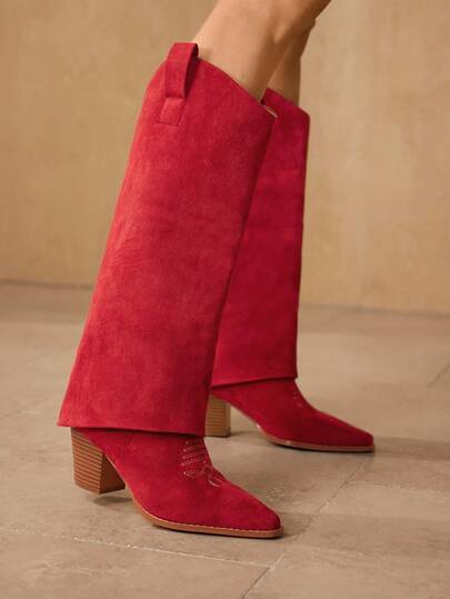 MOTF Botas de tobillo rojas bordadas vintage CUCCOO, botas altas occidentales de rodilla